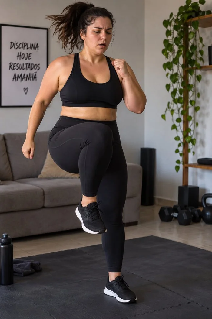 Aluna treinando em casa para emagrecer